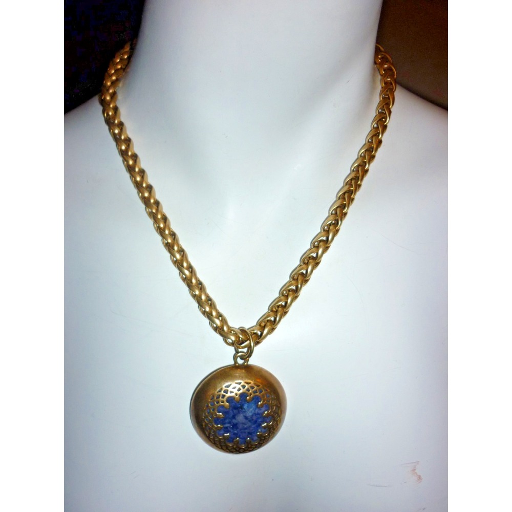 Vintage Necklace Massive Brass Chain Toggle Lapis Gemstone Pendant Locket Style